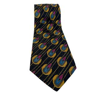 Brioni 100% Silk Neck Tie Gold Blue Pink Abstract Shimmer Black Background Italy